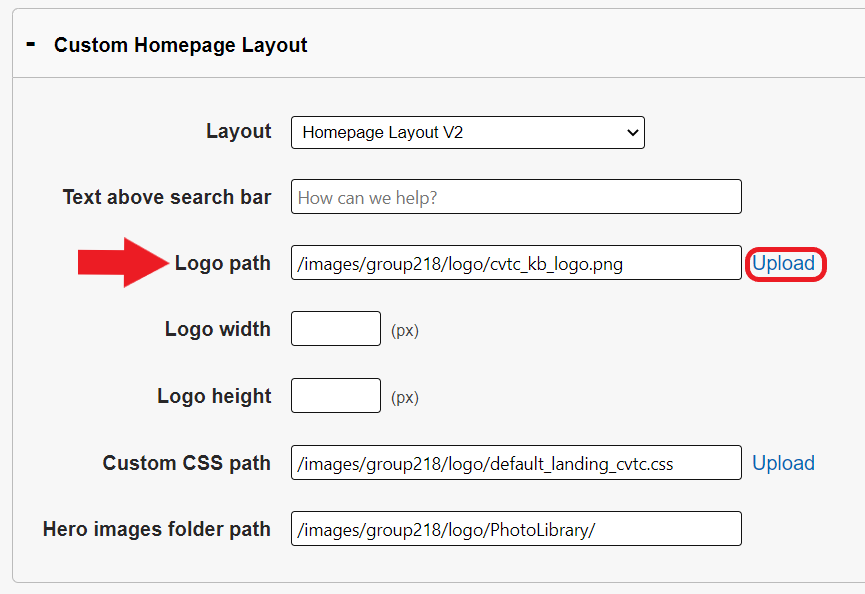 A red arrow points at the Logo path field in the Custom Homepage panel and the Upload link to the left of it is circled in red.