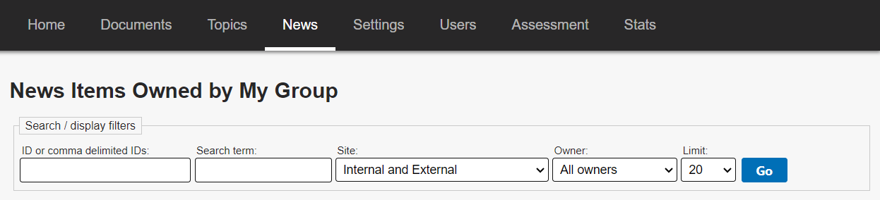 The News Items Owned by My Group page on the News Tab. The search bar and filters are at the top of the page.