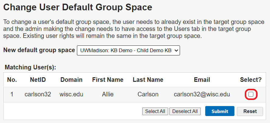 A group has been selected from the dropdown. There is one user listed in the results table. The checkbox in the far right column titled Select? is circled in red.