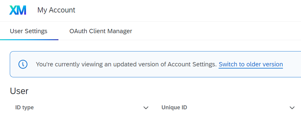 light blue notification box at the top of the user settings page in Qualtrics