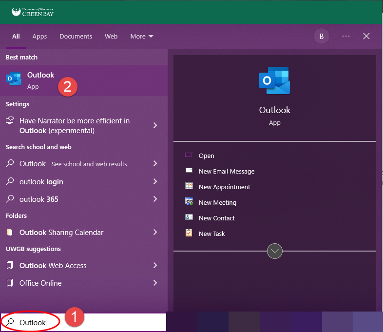 Screenshot of Search Bar and Results Showing Outlook